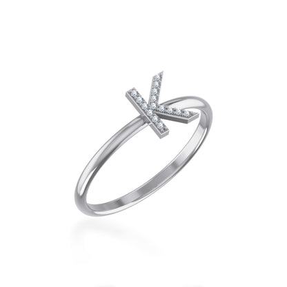 10K white gold K initial diamond ring with sparkling diamonds in a modern design