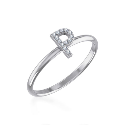 10K White Gold Womens Round Diamond P Initial Letter Ring 1/25 Cttw