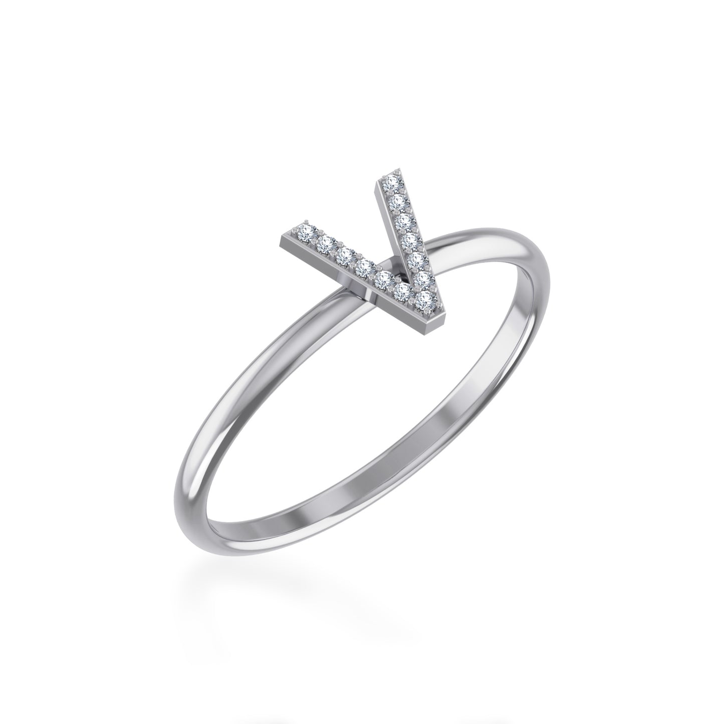 10K White Gold Womens Round Diamond V Initial Letter Ring 1/25 Cttw