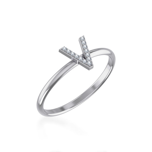10K White Gold Womens Round Diamond V Initial Letter Ring 1/25 Cttw
