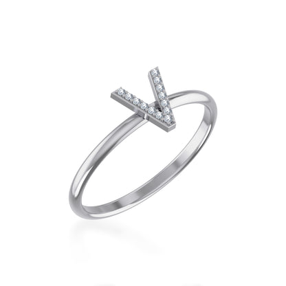 10K White Gold Womens Round Diamond V Initial Letter Ring 1/25 Cttw