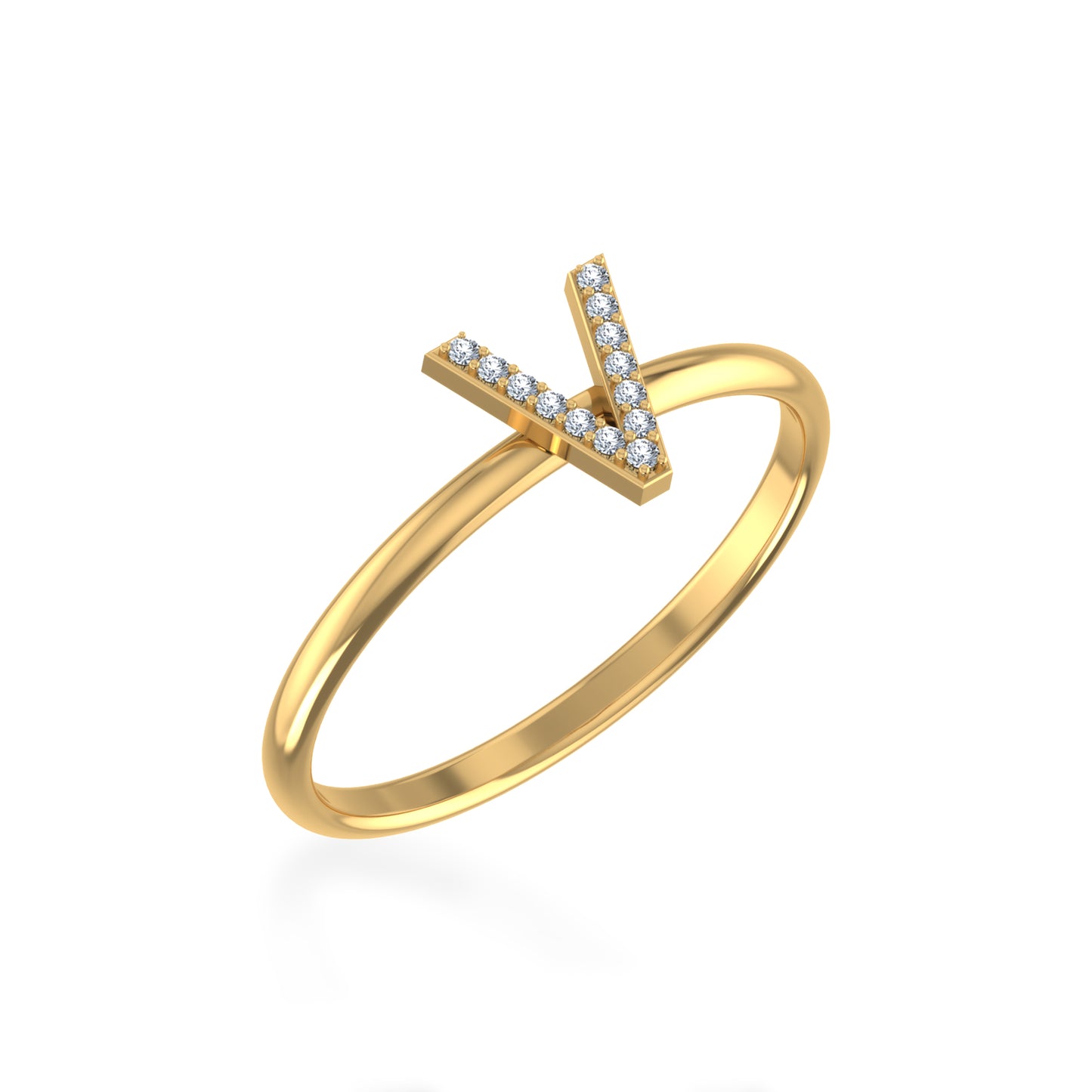 10K Yellow Gold Womens Round Diamond V Initial Letter Ring 1/25 Cttw