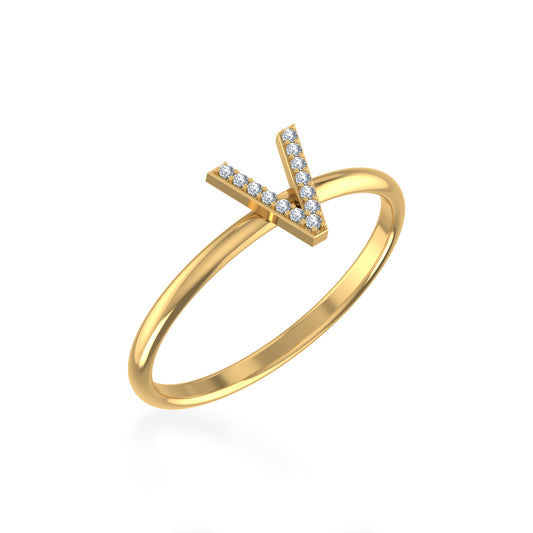 10K Yellow Gold Womens Round Diamond V Initial Letter Ring 1/25 Cttw