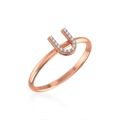 10K rose gold initial ring featuring a U design adorned with sparkling stones
