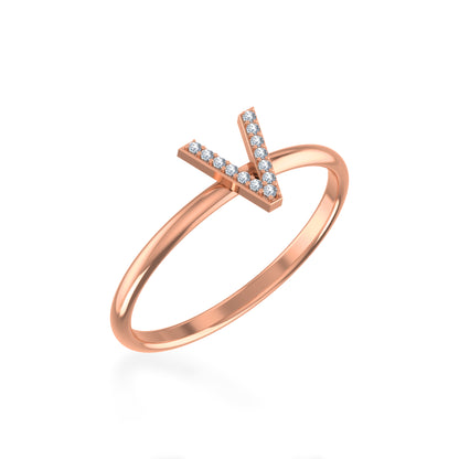 Rose gold V initial diamond ring adorned with sparkling diamonds for a stylish accessory