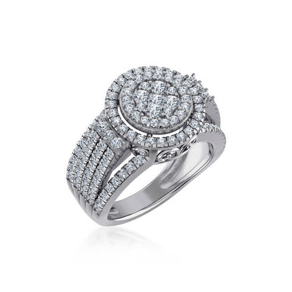 10K White Gold Round Diamond Halo Big Bridal Cluster Ring 1-5/8 Cttw with Sparkling Diamonds and Elegant Design