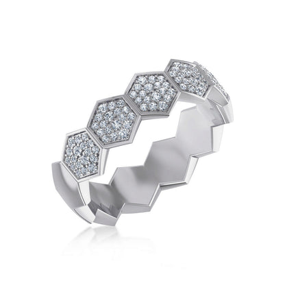 Stylish 14K white gold diamond couple band featuring a hexagon design with sparkling diamonds