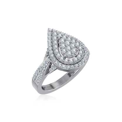 Stunning 10K white gold pear shape diamond ring with elegant pave-set diamonds on the band