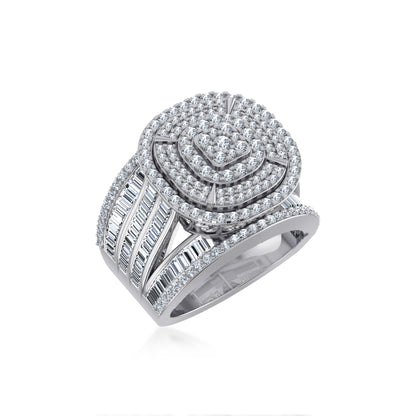 Stylish 10K white gold diamond ring featuring intricate layered designs and sparkling stones