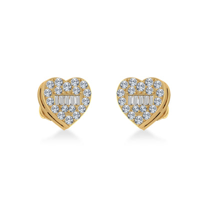 10K Yellow Gold Round Baguette Diamond Heart Shape Cluster Stud Earring 3/8 Cttw