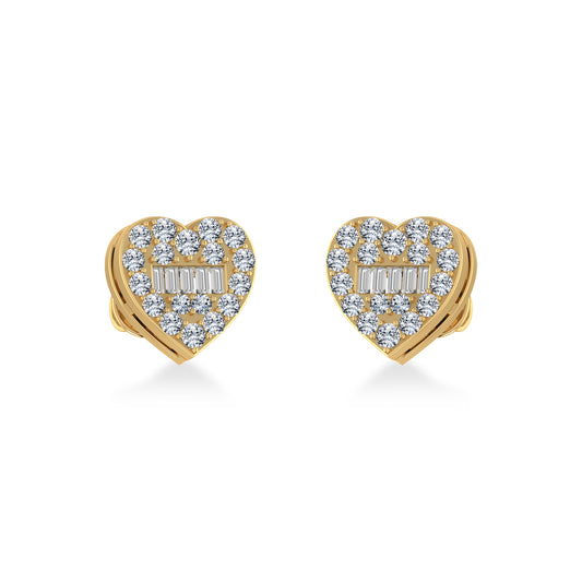 10K Yellow Gold Round Baguette Diamond Heart Shape Cluster Stud Earring 3/8 Cttw