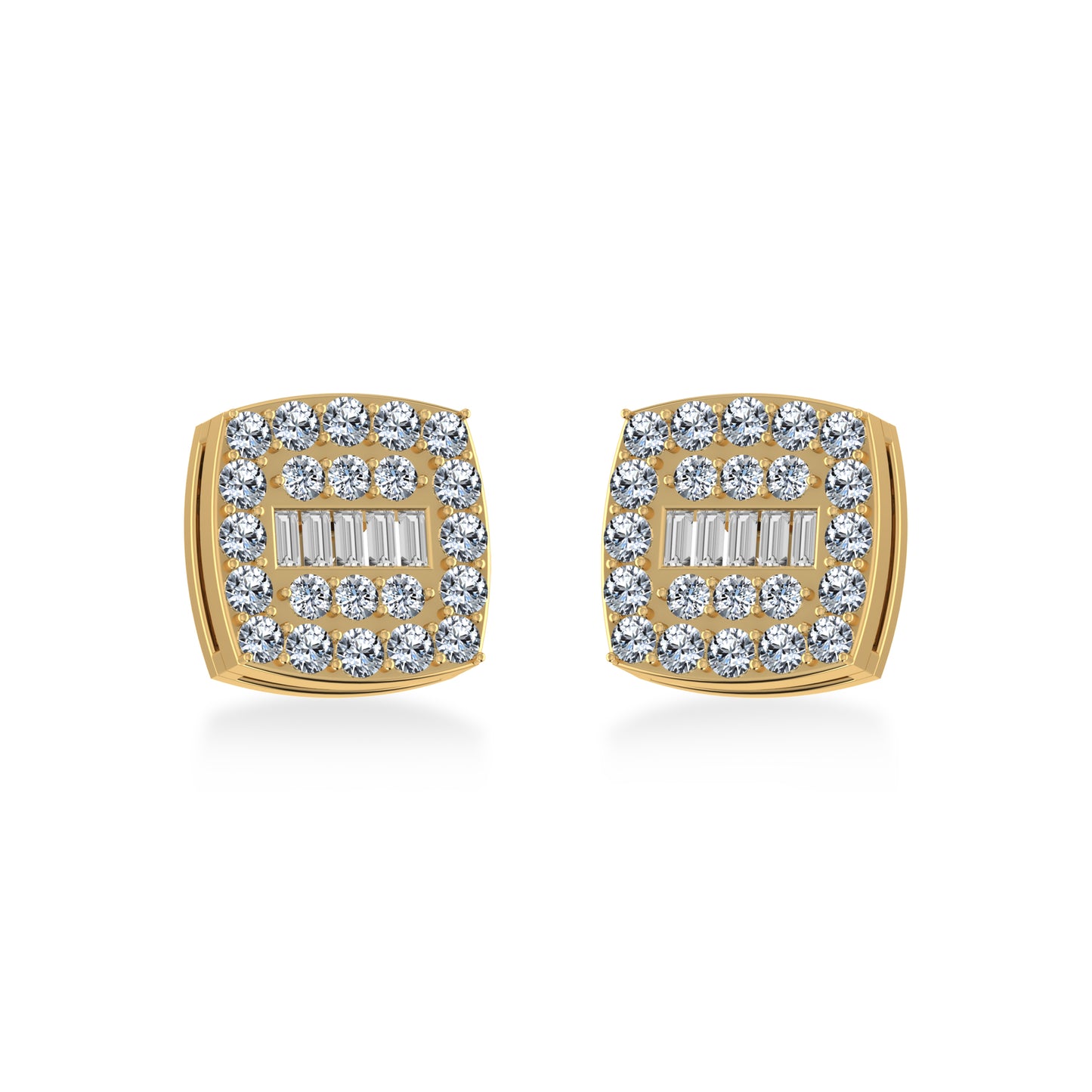 10K Yellow Gold Round Baguette Diamond Square Shape Cluster Stud Earring 1/2 Cttw
