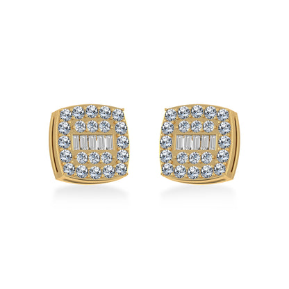 10K yellow gold diamond stud earrings with a sparkling design featuring round and baguette diamonds