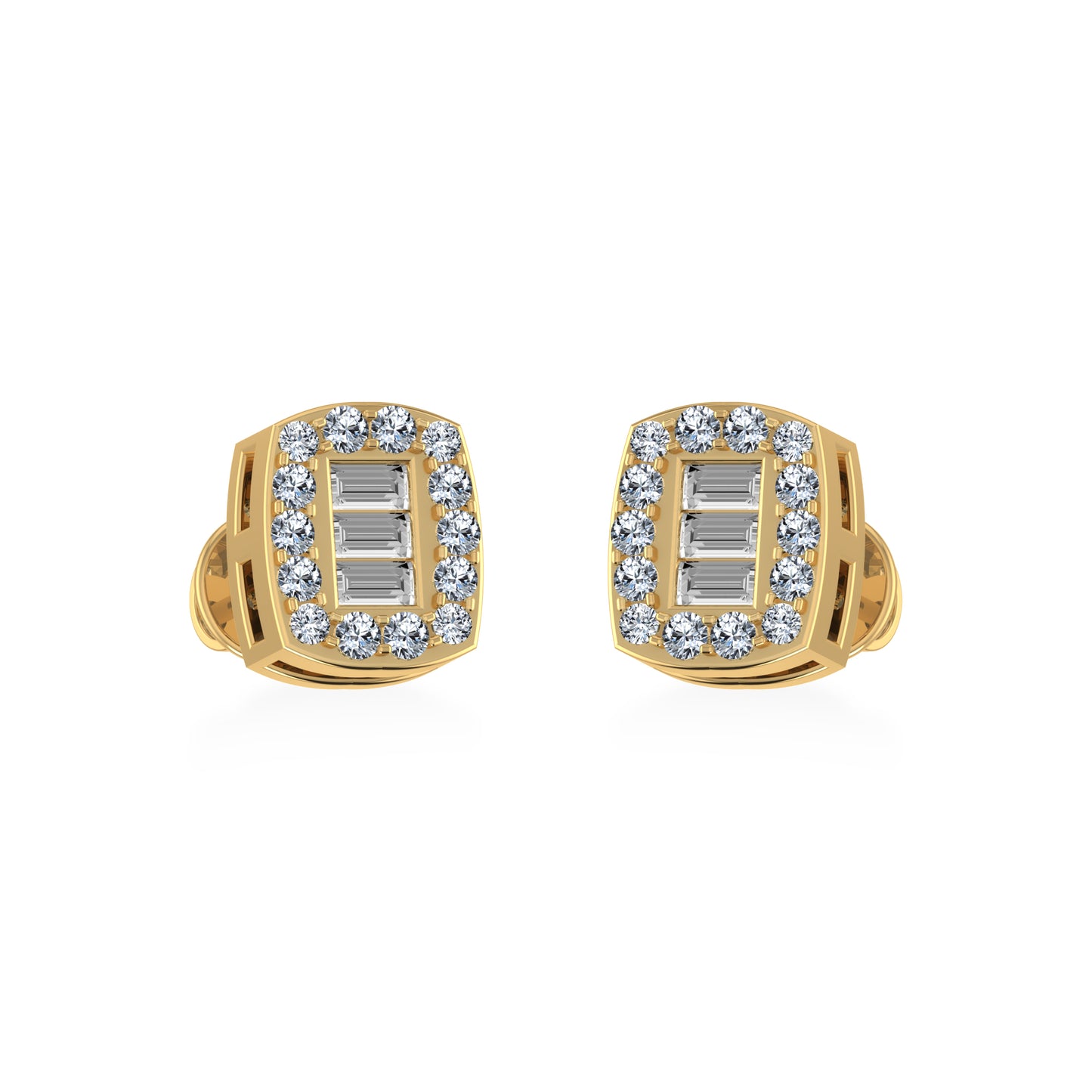 10K Yellow Gold Round Baguette Diamond Stud Earring 1/5 Cttw