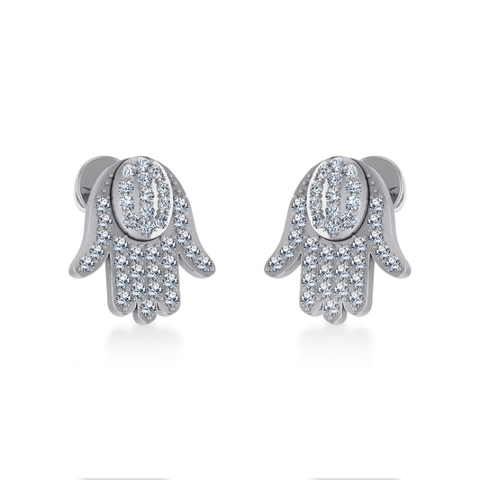 10K White Gold Round Baguette Diamond Hamza Hand Religious Stud Earring 1/5 Cttw