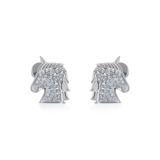10K White Gold Round Diamond Horse Animal Designer Stud Earring 1/5 Cttw
