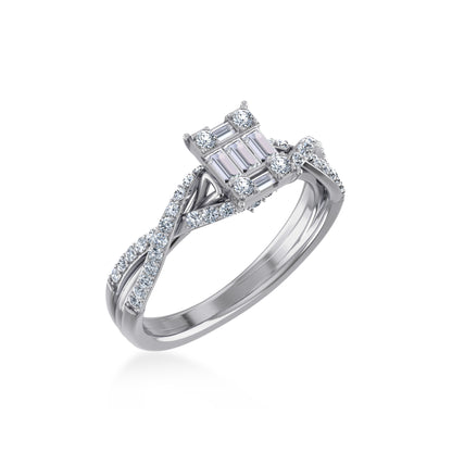 Elegant 14K white gold diamond ring featuring a stunning emerald-cut center stone and intricate design