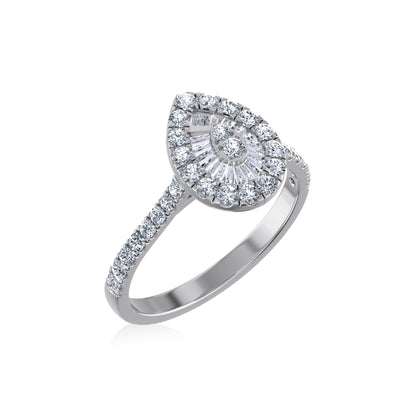 14K white gold pear shape diamond ring with a halo of sparkling diamonds around a center stone
