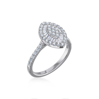 Stunning 14K white gold diamond ring featuring intricate pave and baguette diamonds