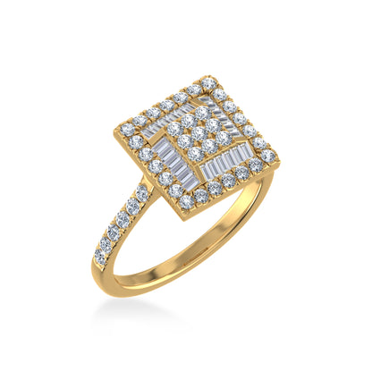 14K yellow gold diamond designer ring with a unique square shape and intricate diamond arrangement