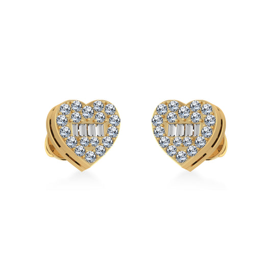 14K Yellow Gold Round Baguette Diamond Heart Shape Cluster Stud Earring 1/5 CT