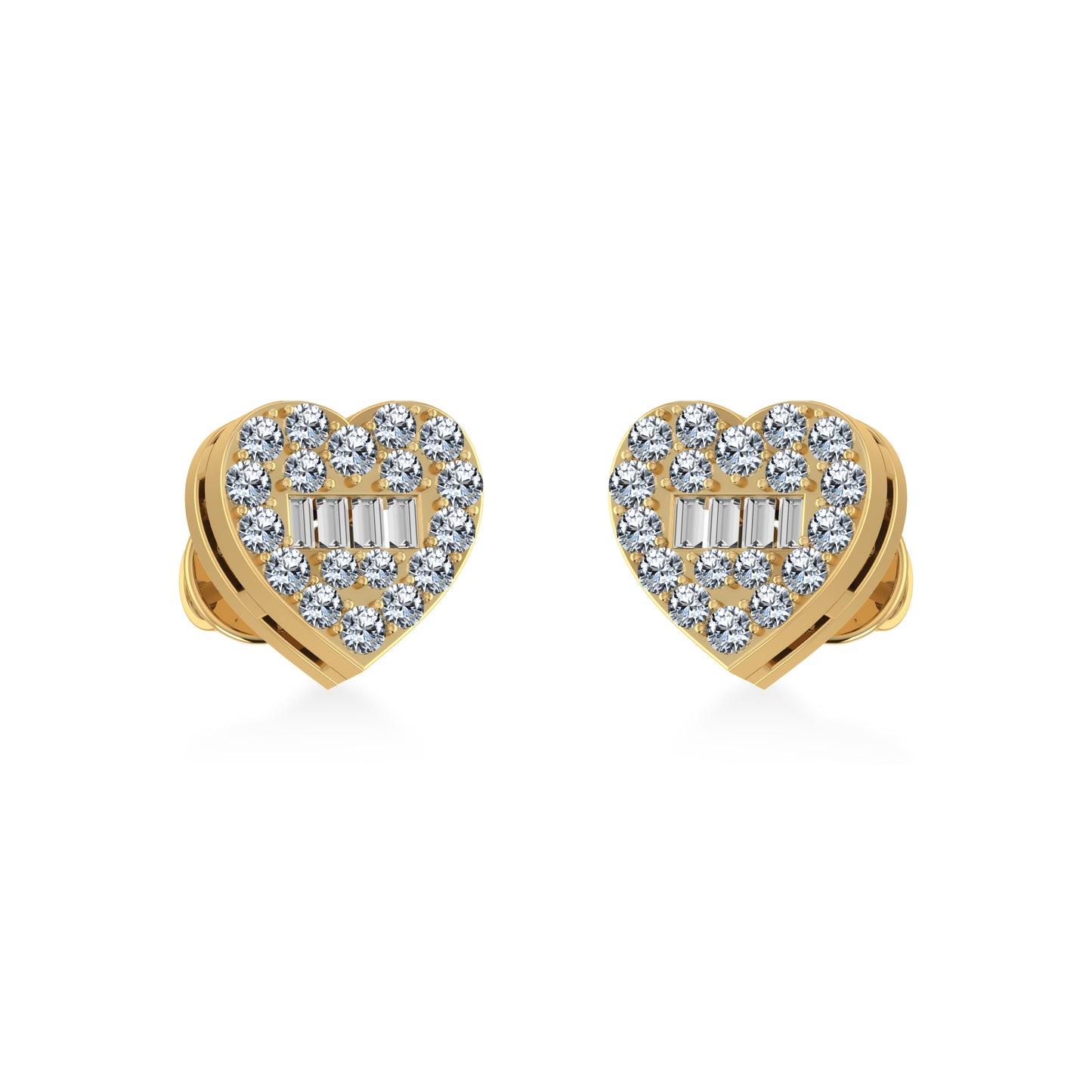 14K Yellow Gold Round Baguette Diamond Heart Shape Cluster Stud Earring 1/5 Cttw