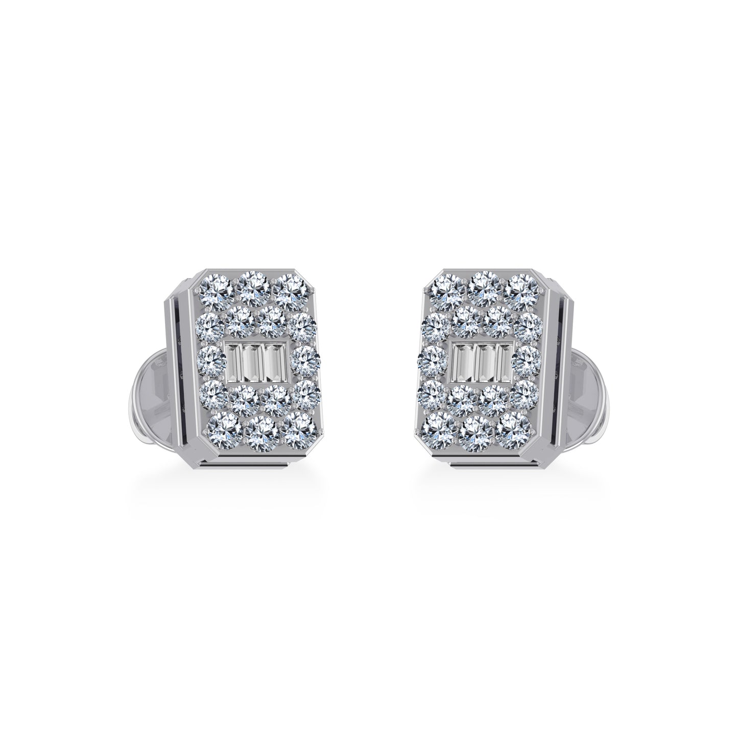14K White Gold Baguette Diamond Emerald Shape Cluster Stud EarRing 1/5 Cttw