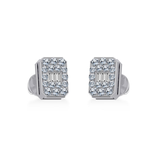 14K White Gold Baguette Diamond Emerald Shape Cluster Stud EarRing 1/5 Cttw