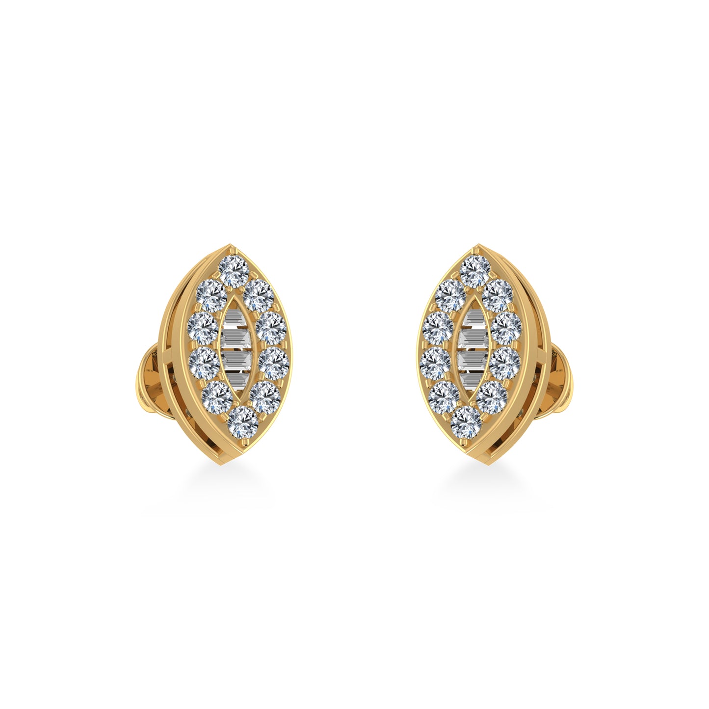 14K Yellow Gold Baguette Diamond Marquise Shape Stud Earring 1/4 Cttw