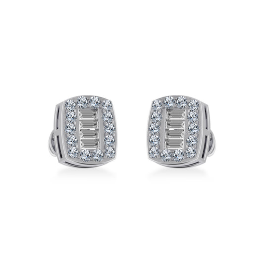 14K White Gold Round Baguette Diamond Stud Earring 3/8 Cttw