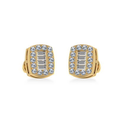 Elegant 14k yellow gold diamond stud earrings featuring round and baguette diamonds