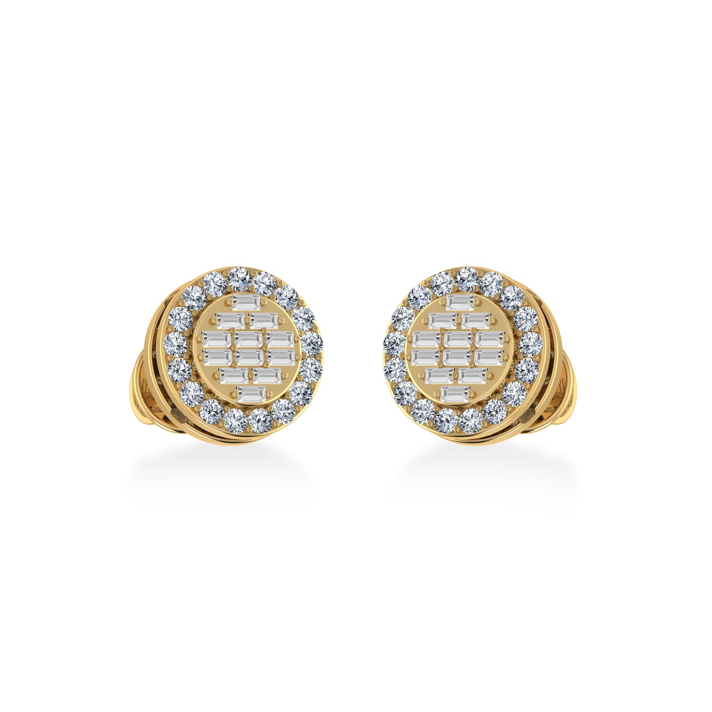 14K Yellow Gold Round Baguette Diamond Halo Stud Earrings 1/3 Cttw