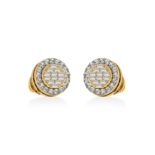 14K Yellow Gold Round Baguette Diamond Halo Stud Earrings 1/3 Cttw