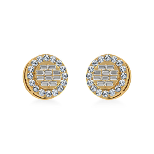 14K Yellow Gold Round Baguette Diamond Halo Stud Earrings 1/2 Cttw