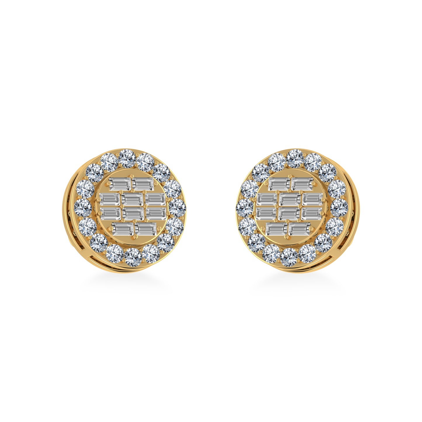 14K Yellow Gold Round Baguette Diamond Halo Stud Earrings 1/2 Cttw