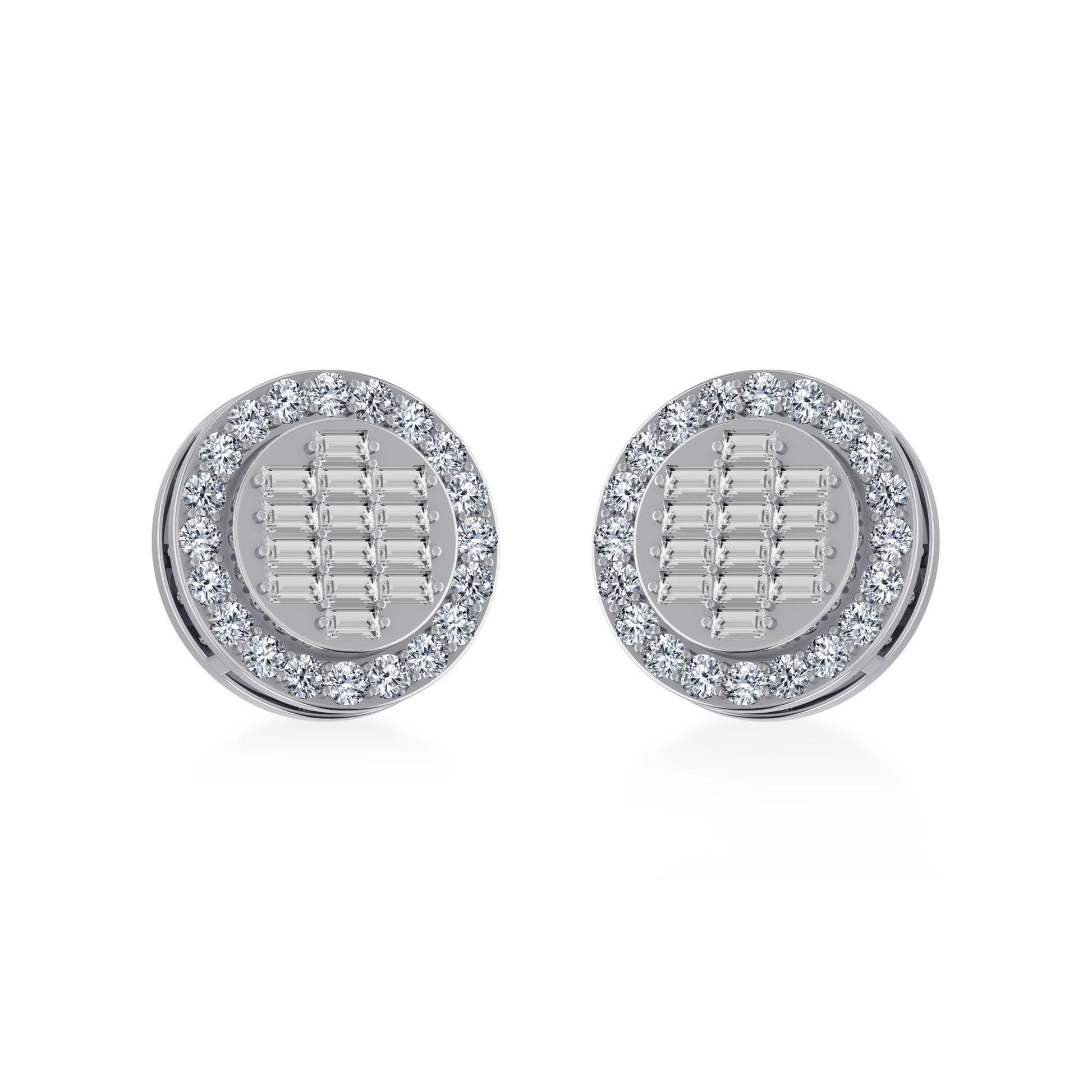 14K White Gold Round Baguette Natural Diamond Halo Stud Earrings 5/8 CT