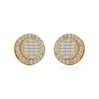 14K yellow gold diamond stud earrings featuring a sparkling design with brilliant round and baguette diamonds