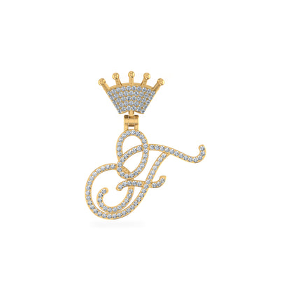 10K Yellow Gold Round Diamond Crown F Letter Initial Pendant 1/4 Cttw