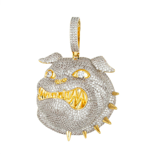 Unique sterling silver bulldog pendant with diamond accents and gold details for a stylish look