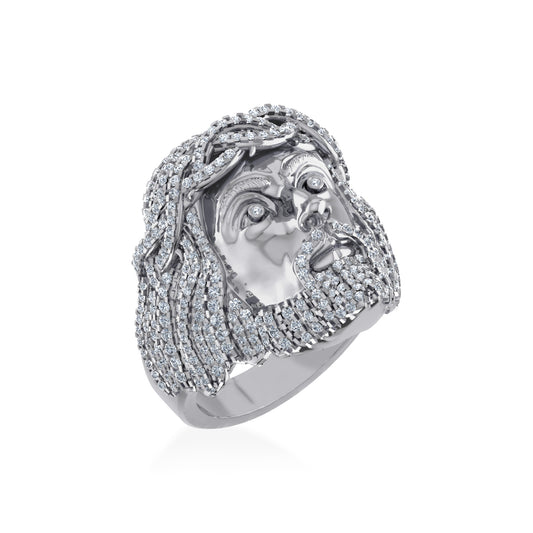 10K White Gold Round Diamond 3D Jesus Religious SZ 10 Mens Ring 2 CT