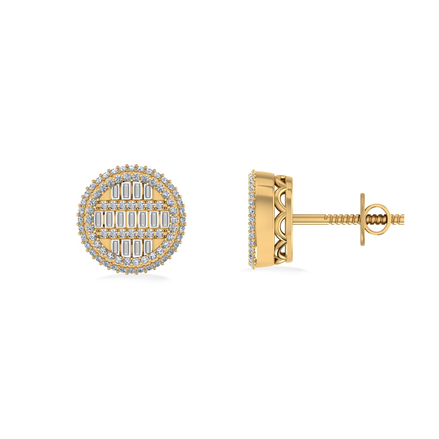 10K Yellow Gold Round Baguette Diamond Designer Mens Stud Earring 1/3 Ct