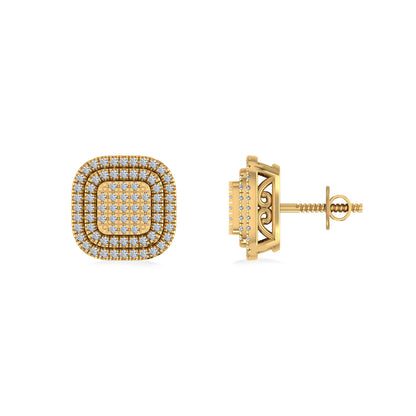 10K Yellow Gold Round Diamond Square Shape Designer Mens Halo Stud Earring 1/3 Cttw