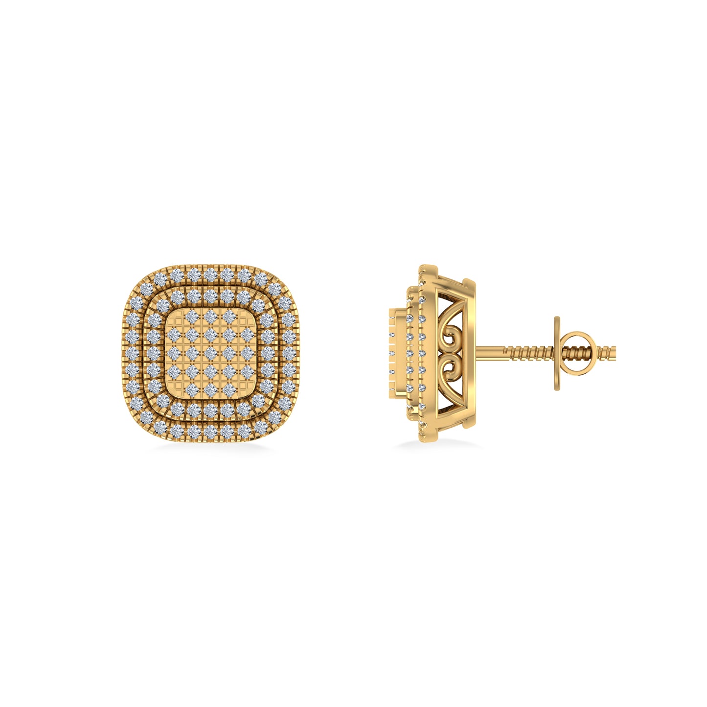 10K Yellow Gold Round Diamond Square Shape Designer Mens Halo Stud Earring 1/3 Cttw