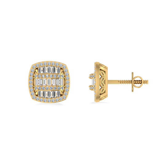 10K Yellow Gold Round Baguette Natural Diamond Designer Halo Mens Stud Earring 1/2 Ct