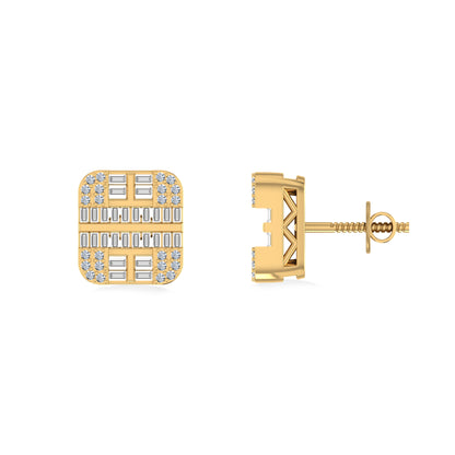 10K Yellow Gold Round Diamond Square Shape Designer Mens Stud Earring 1/3 Cttw