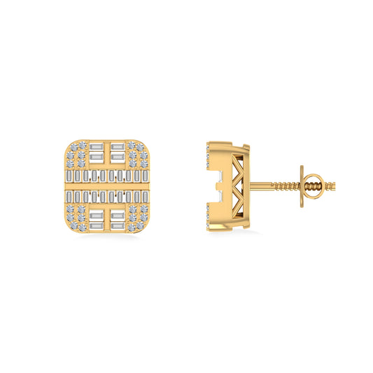 10K Yellow Gold Round Diamond Square Shape Designer Mens Stud Earring 1/3 Cttw