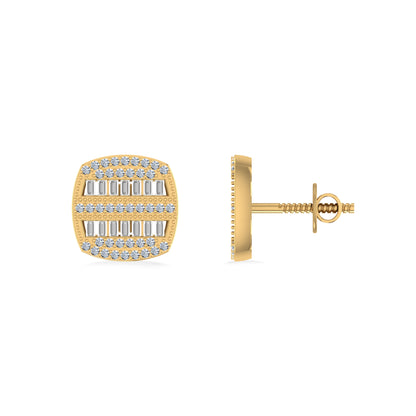 10K Yellow Gold Round Diamond Square Shape Designer Mens Stud Earring 1/3 Cttw