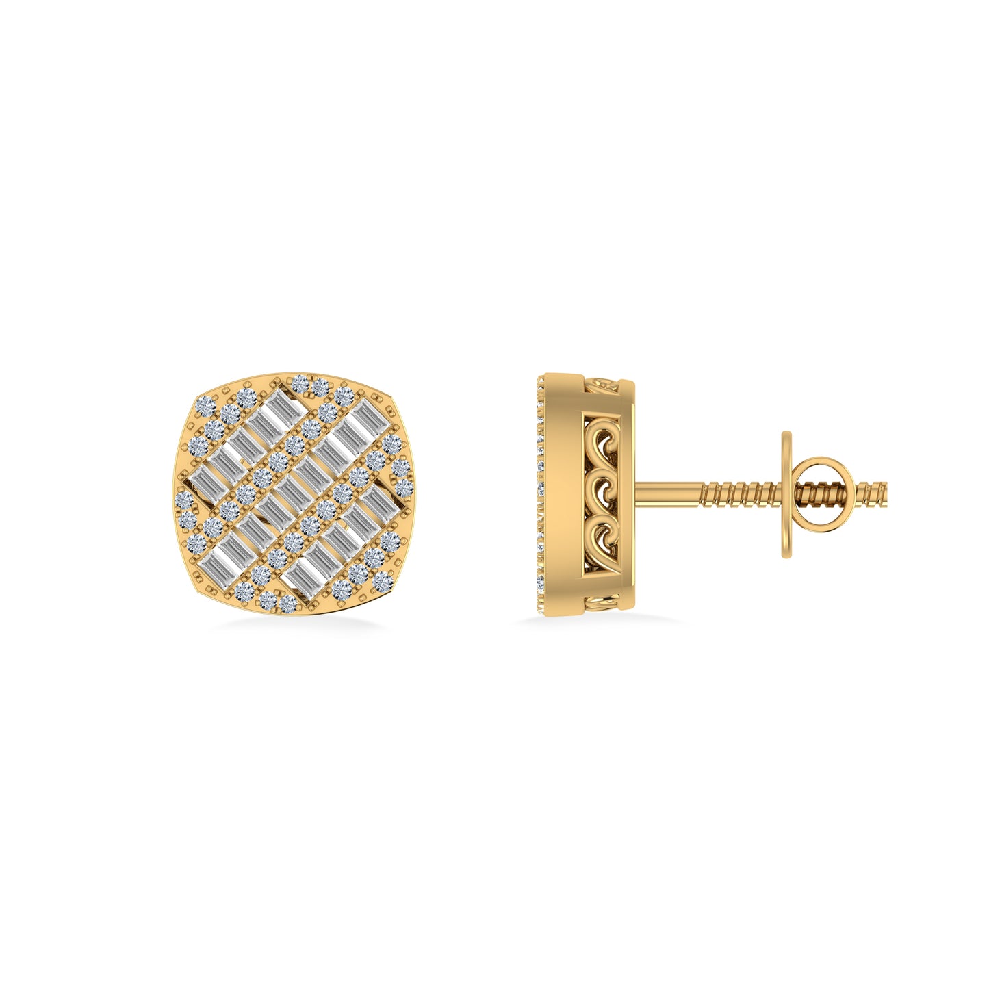 10K Yellow Gold Round Baguette Diamond Square Shape Designer Mens Stud Earring 1/3 Cttw