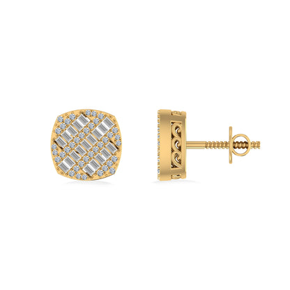 10K Yellow Gold Round Baguette Diamond Square Shape Designer Mens Stud Earring 1/3 Cttw