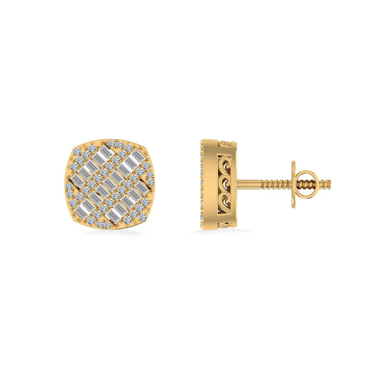 10K Yellow Gold Round Baguette Diamond Square Shape Designer Mens Stud Earring 1/3 Cttw